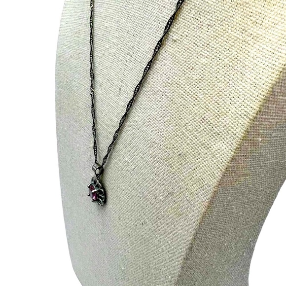 Vintage Sterling Silver Necklace With Faceted Pink Rhinestone Flower Pendant. - Picture 4 of 10